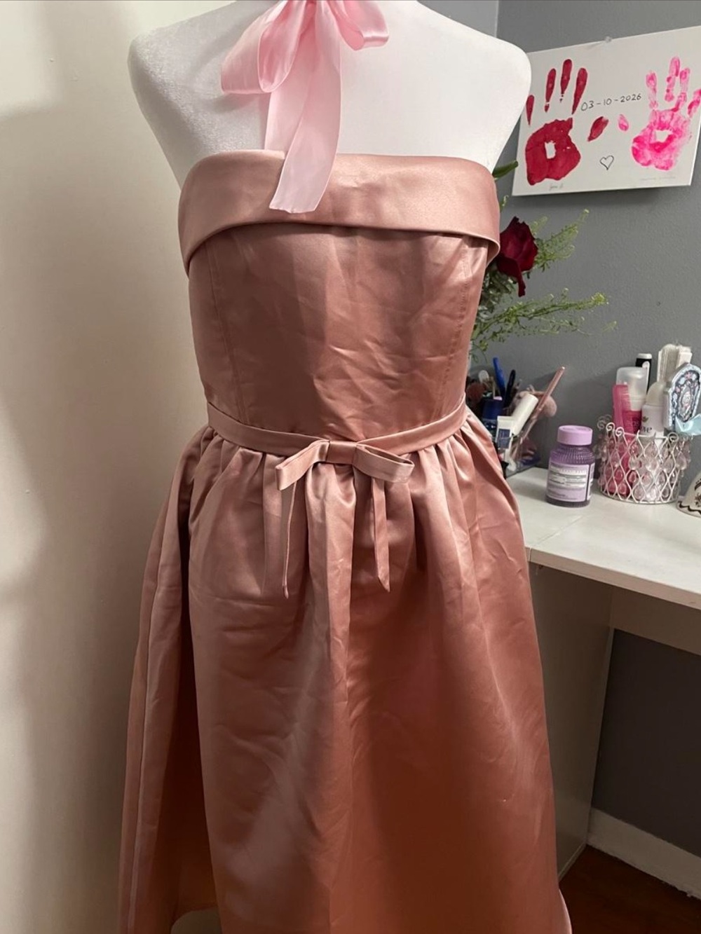 Cider Rose Pink Satin Strapless Midi Dress with Waist Bow